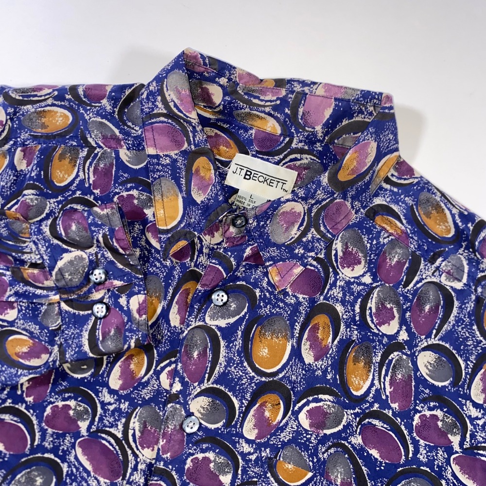 JT Beckett Men Large 100% Silk Abstract Oval Print Button Down Shirt Blue Purple